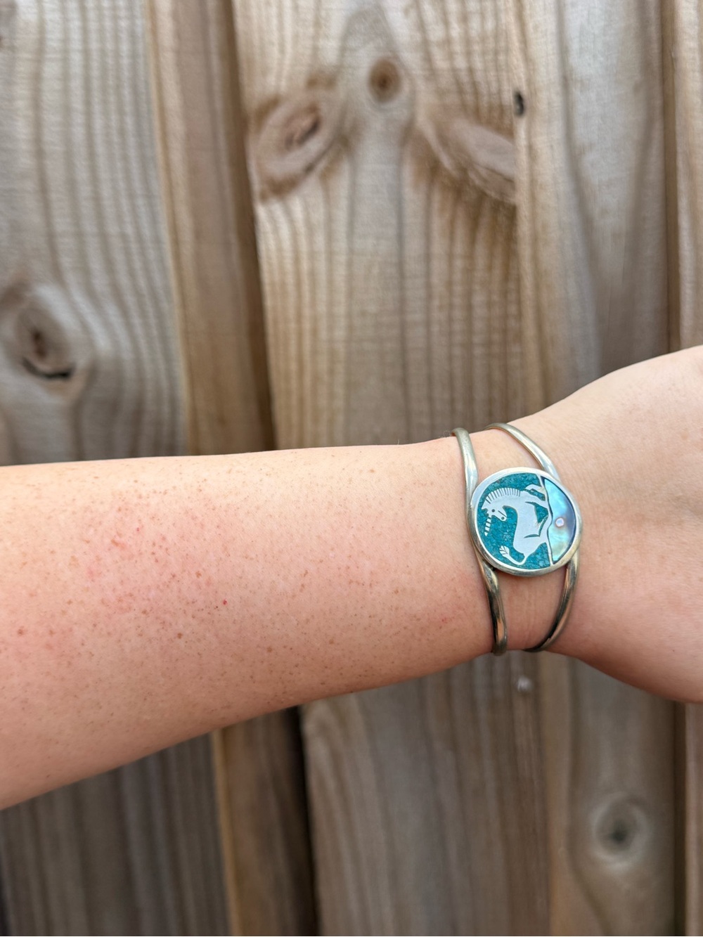 Alpaca Cuff Bracelet with Teal Enamel Inlay - Women's Jewelry